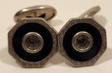 Antique Edwardian Black Enamel Rhinestone Octagonal Shaped Silver Tone Cufflinks