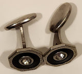 Antique Edwardian Black Enamel Rhinestone Octagonal Shaped Silver Tone Cufflinks