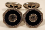 Antique Edwardian Black Enamel Rhinestone Octagonal Shaped Silver Tone Cufflinks
