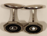 Antique Edwardian Black Enamel Rhinestone Octagonal Shaped Silver Tone Cufflinks