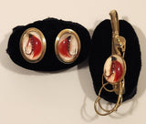 Vintage Anson Fly Fishing Red Fly Glass Gold Tone Cufflinks and Tie Clip Set