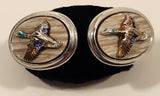 Vintage Mounted Gold Green Mallard Ducks Silver Tone Cufflinks