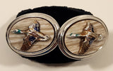 Vintage Mounted Gold Green Mallard Ducks Silver Tone Cufflinks