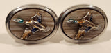 Vintage Mounted Gold Green Mallard Ducks Silver Tone Cufflinks