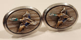 Vintage Mounted Gold Green Mallard Ducks Silver Tone Cufflinks