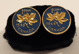 Vintage 1964 & 1969 Canada 1 Cent Penny Coin Blue Enamel Gold Plated Cufflinks