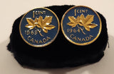 Vintage 1964 & 1969 Canada 1 Cent Penny Coin Blue Enamel Gold Plated Cufflinks