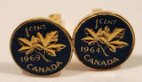 Vintage 1964 & 1969 Canada 1 Cent Penny Coin Blue Enamel Gold Plated Cufflinks