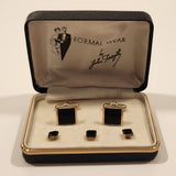 Vintage Formal Wear by John Forsyth Black Resin Square Gold Tone Cufflinks and Tie Tack Studs In Case