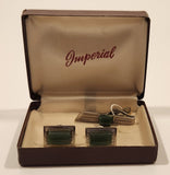 Rare Vintage Imperial Green Jade Sterling Silver Tone Cufflinks and Tie Tack In Case