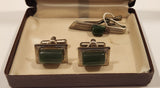 Rare Vintage Imperial Green Jade Sterling Silver Tone Cufflinks and Tie Tack In Case