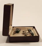 Rare Vintage Imperial Green Jade Sterling Silver Tone Cufflinks and Tie Tack In Case