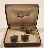 Rare Vintage Imperial Green Jade Sterling Silver Tone Cufflinks and Tie Tack In Case