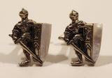 Vintage 1945 Stratton Pat. L 144.883 Medieval Knight With Sword and Shield Mother Of Pearl Silver Tone Metal Cufflinks In Case