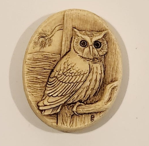 Owl Carved Bone Look White Plastic Backed Fridge Magnet Made in Canada