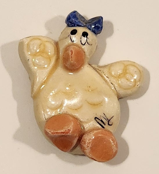 Yellow Chicken Bird with Blue Ribbon Pottery Fridge Magnet Has Repair