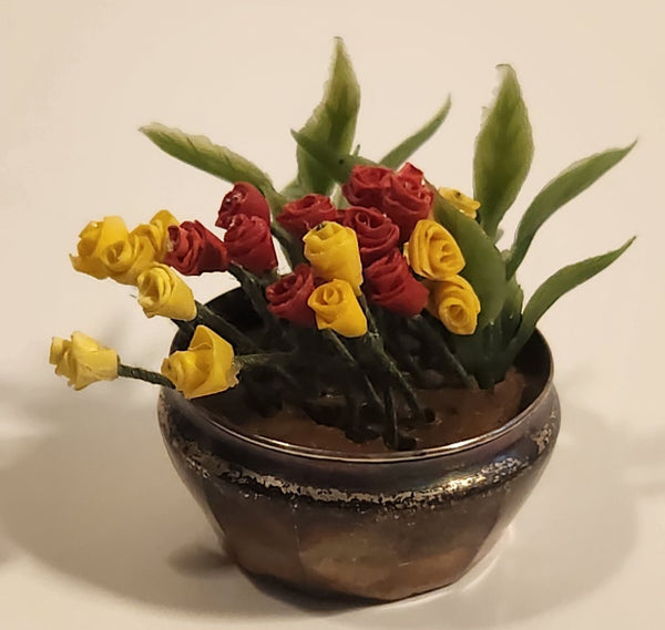 Antique Sterling Red and Yellow Plastic Flowers in Sterling Silver Flower Pot Dollhouse Sized Miniature Toy