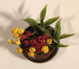 Antique Sterling Red and Yellow Plastic Flowers in Sterling Silver Flower Pot Dollhouse Sized Miniature Toy