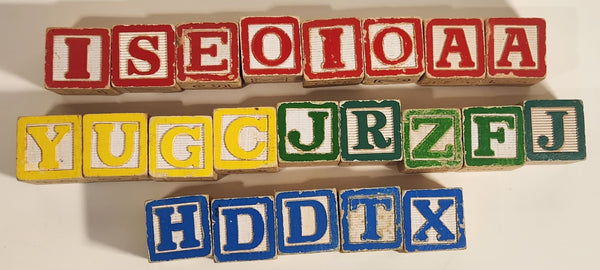 Vintage Wood Engraved Letter Number Pictures Blocks Toys Lot of 22