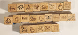 Vintage Wood Engraved Letter Number Pictures Blocks Toys Lot of 22