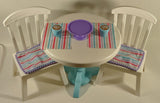 My Life As Dining Play Set Table Chairs Cups Placemats Cakestand 9 1/2" Diameter Plastic Dollhouse Toy