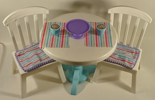 My Life As Dining Play Set Table Chairs Cups Placemats Cakestand 9 1/2" Diameter Plastic Dollhouse Toy