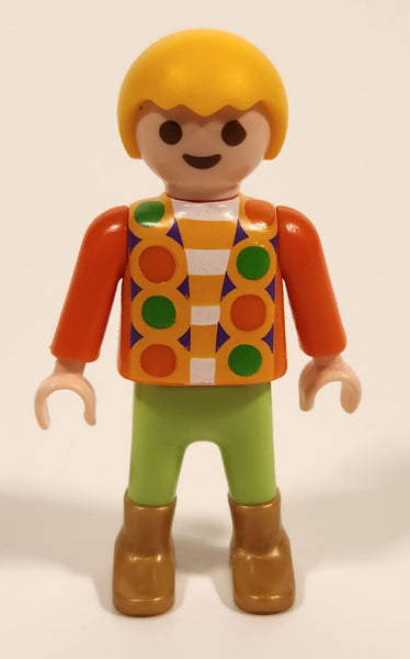 1992 Geobra Playmobil Blonde Haired Boy Green Pants Orange Top 2" Tall Toy Figure