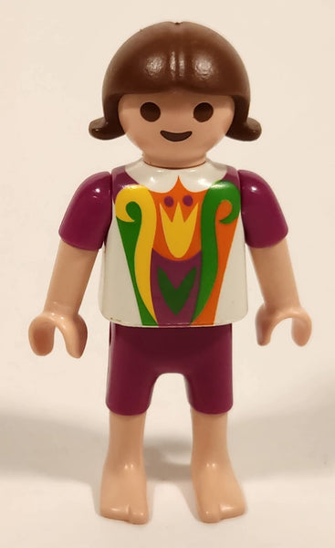 Geobra Playmobil Brunette Haired Girl Purple Pants Purple and White Top No Shoes 2" Tall Toy Figure