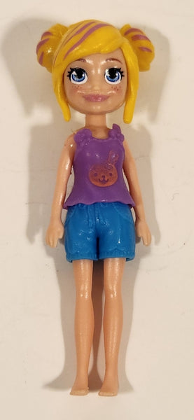 Mattel Polly Pocket Blonde Hair Purple Shirt with Orange Pumpkin and Blue Shorts 3 1/2" Tall Rubber Toy Doll Figure