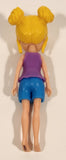 Mattel Polly Pocket Blonde Hair Purple Shirt with Orange Pumpkin and Blue Shorts 3 1/2" Tall Rubber Toy Doll Figure