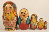 Vintage U.S.S.R Soviet Union Russian Hand Painted Women and Men Wooden Nesting Dolls Set of 5