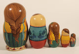 Vintage U.S.S.R Soviet Union Russian Hand Painted Women and Men Wooden Nesting Dolls Set of 5