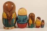 Vintage U.S.S.R Soviet Union Russian Hand Painted Women and Men Wooden Nesting Dolls Set of 5