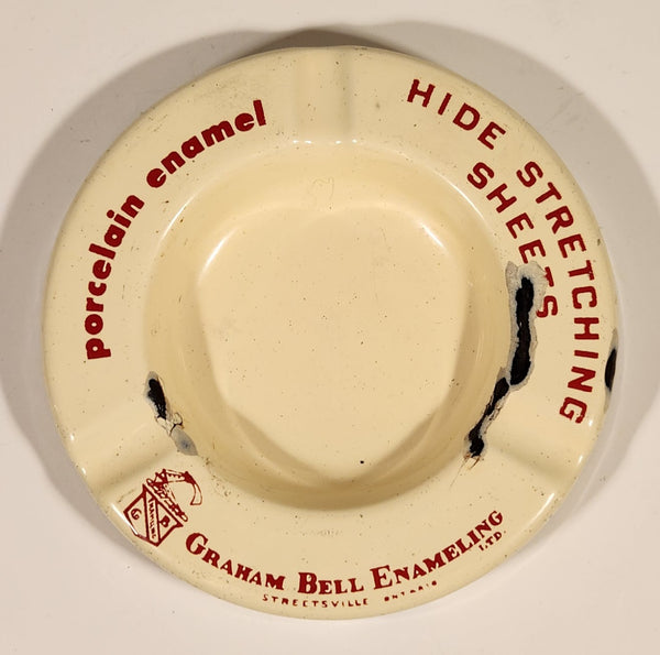 Rare Antique 1940s 1950s Graham Bell Enameling Ltd. Streetsville Ontario Hide Stretching Sheets White Porcelain Enamel Advertising Ashtray