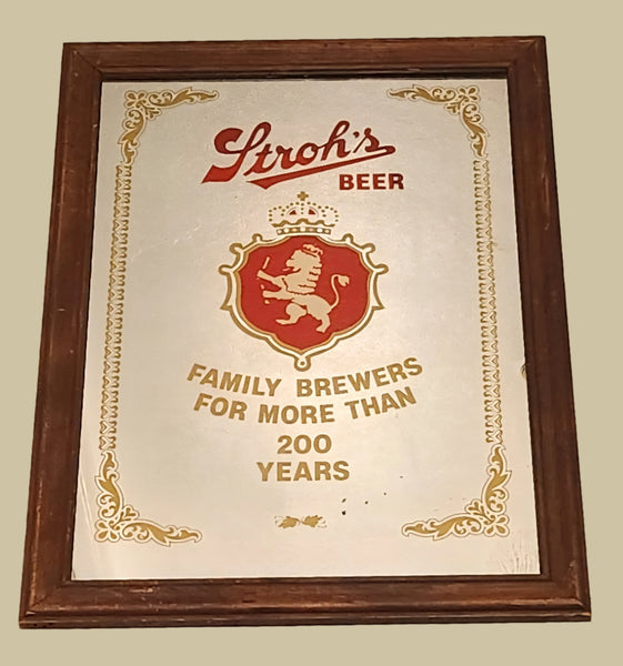 Vintage 1976 Stroh's Beer Family Brewers For More Than 200 Years 18 3/4" x 24 3/4" Wood Framed Pub Mirror