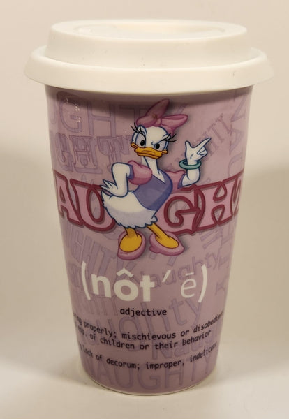 Disney Parks Minnie Mouse Daisy Duck Naughty Nice 6" Tall Ceramic Travel Coffee Mug Cup with Lid