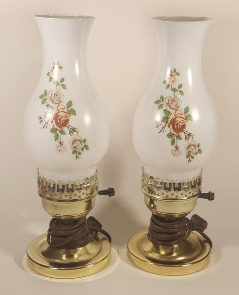Vintage White Milk Glass Pink Rose Flower Decor 12 1/4" Tall Hurricane Oil Lamp Electric Plug In Table Light Set of 2