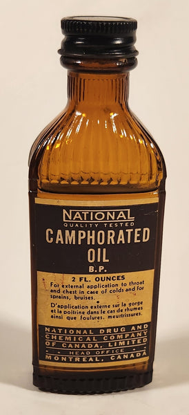 Rare Vintage National Drug And Chemical Company of Canada Limited Montreal Canada Camphorated Oil B. P. 2 Fl. Ounces Brown Amber Glass Bottle Near Full