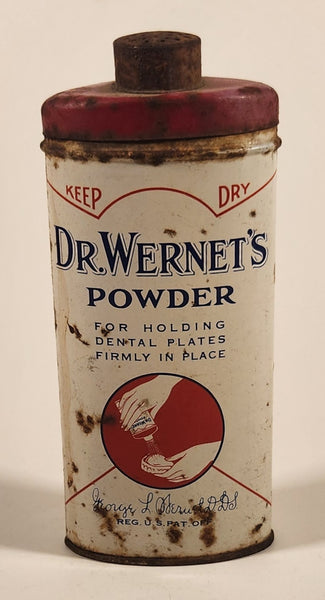 Vintage George L. Wernet D. DS Dr. Wernet's Powder For Holding Dental Plates Firmly In Place Keep Dry Tin Metal Can