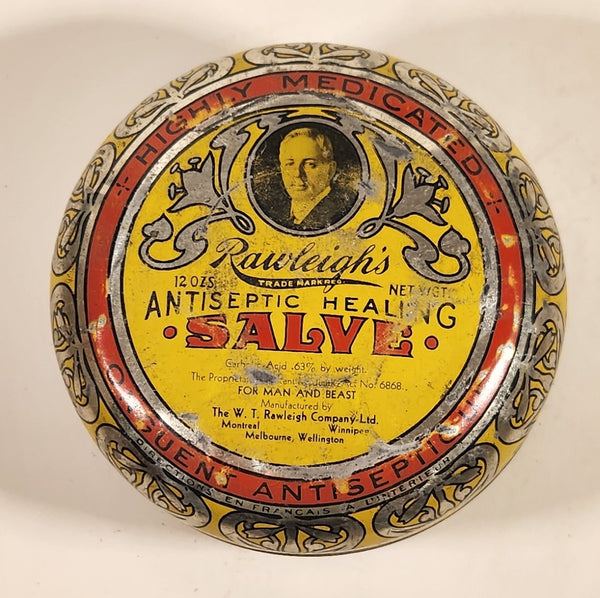 Vintage The W. T. Rawleigh Company Ltd Montreal Winnipeg Melbourne Willington Rawleigh's Antiseptic Healing Salve High Medicated Tin Metal Container