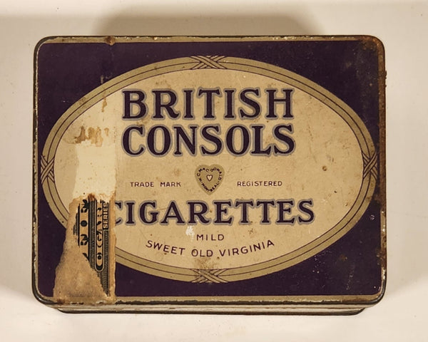 Vintage W.C. Macdonald British Consols Cigarettes Mild Sweet Old Virginia Hinged Tin Metal Container