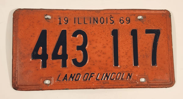 Vintage 1969 Illinois Land of Lincoln Black Letters Orange Embossed Metal Vehicle License Plate Tag 443 117
