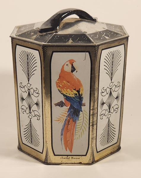 Vintage Peek Freans Scarlet Macaw Crowned Crane Lady Amherst Pheasant Greater Flamingo Bird Themed Octagonal Tin Metal Container
