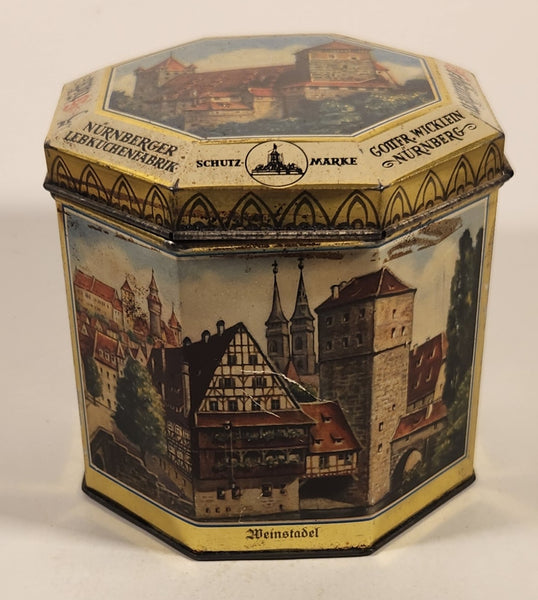 Vintage German Nurnberger Lebkuchenfabrik Gottfr Wicklein Nurnberg Octagonal Hinged Tin Metal Container