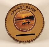 Vintage Vancouver Canada Savings Bank Watch the Money Climb The Ladder Leather Covered Glass Jar Coin Bank