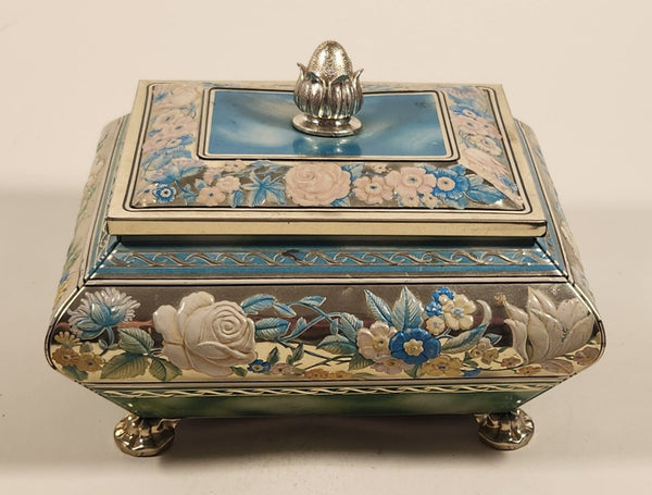 Vintage Harry Vincent Limited Blue Bird Confectionery Footed Flower Themed Embossed Tin Metal Container