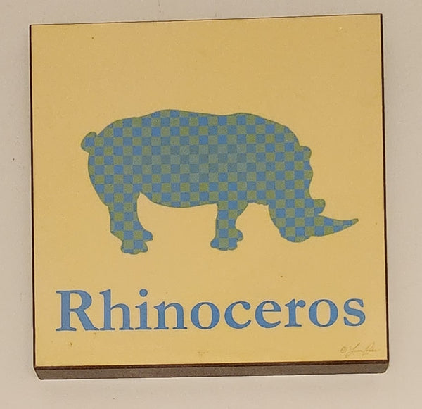 Rhinoceros Blue and Green Checkered Cream Background 11 3/8" x 11 3/8" Wood Wall Art By Lauren Rader
