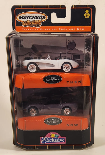 2001 Matchbox Collectibles TRU Exclusive Then Now 1957 Corvette Convertible White and 1997 Corvette Coupe Convertible Purple Die Cast Toy Car Vehicles 2 Pack New in Package