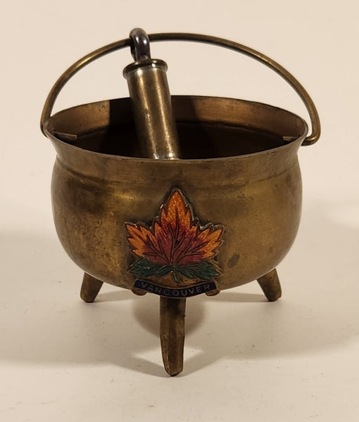 Rare Vintage Vancouver Canada Enamel Maple Leaf Brass Cauldron with Bullet Hanging From The Handle