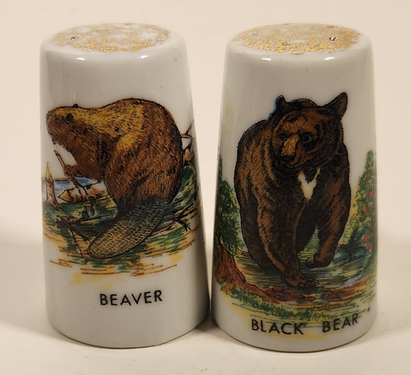 Vintage Black Bear and Beaver Gold Speckled White Porcelain Salt and Pepper Shaker Set Made in Japan
